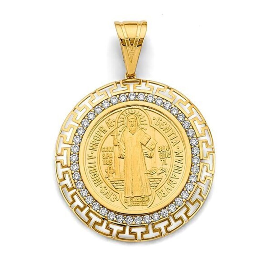14K 2 Tone CZ Greek Frame San Benito Pendant Hollow Coin​